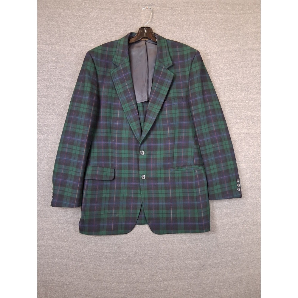 VTG Milano Mens Blazer 44R Green Tartan Blackwatch Plaid 100% Wool Dark Academia